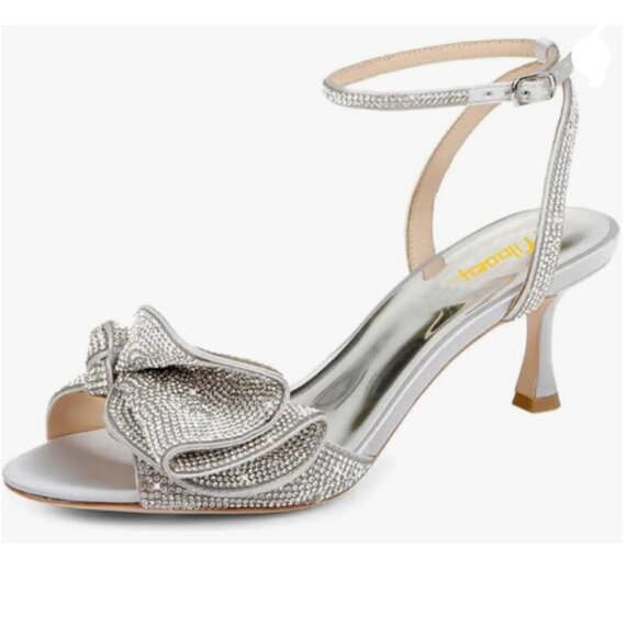 Milooey shoes Silver Glitter Rhinestone Bow Elegant Crystal Ankle Strap Sandal - Picture 1 of 8